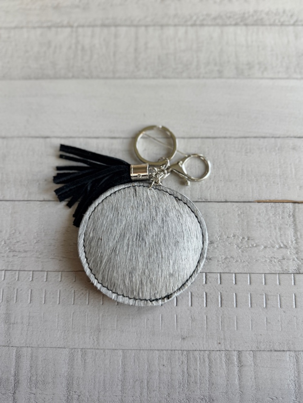 Western Round Grey Cowhide Keychain with Black Tassel